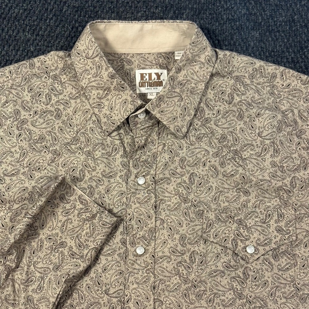 Ely Cattleman Western Pearl Snap Shirt Mens XL Brown Paisley Long Sleeve Rodeo